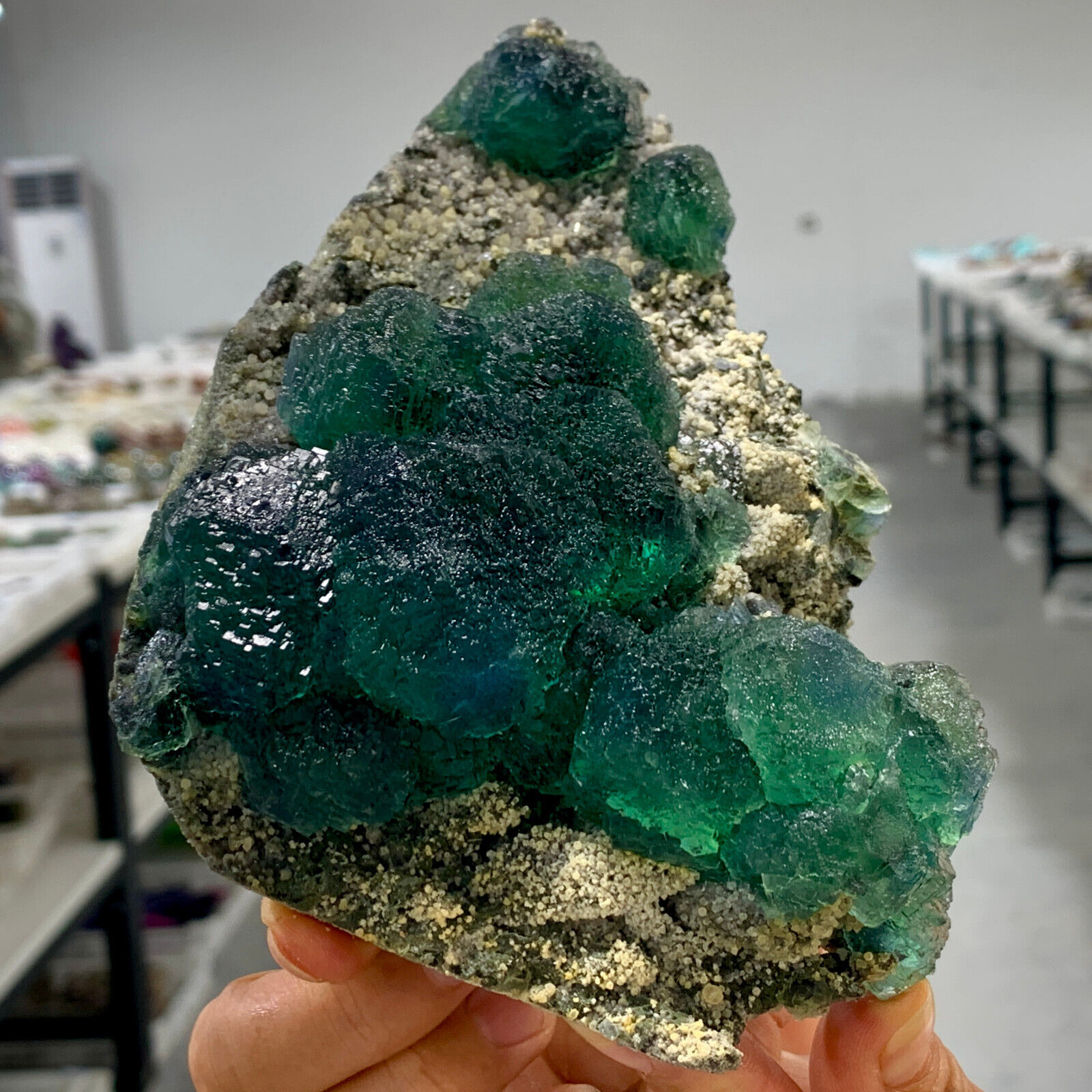 1.99LB Rare crystal samples of transparent green cubic fluorite/China