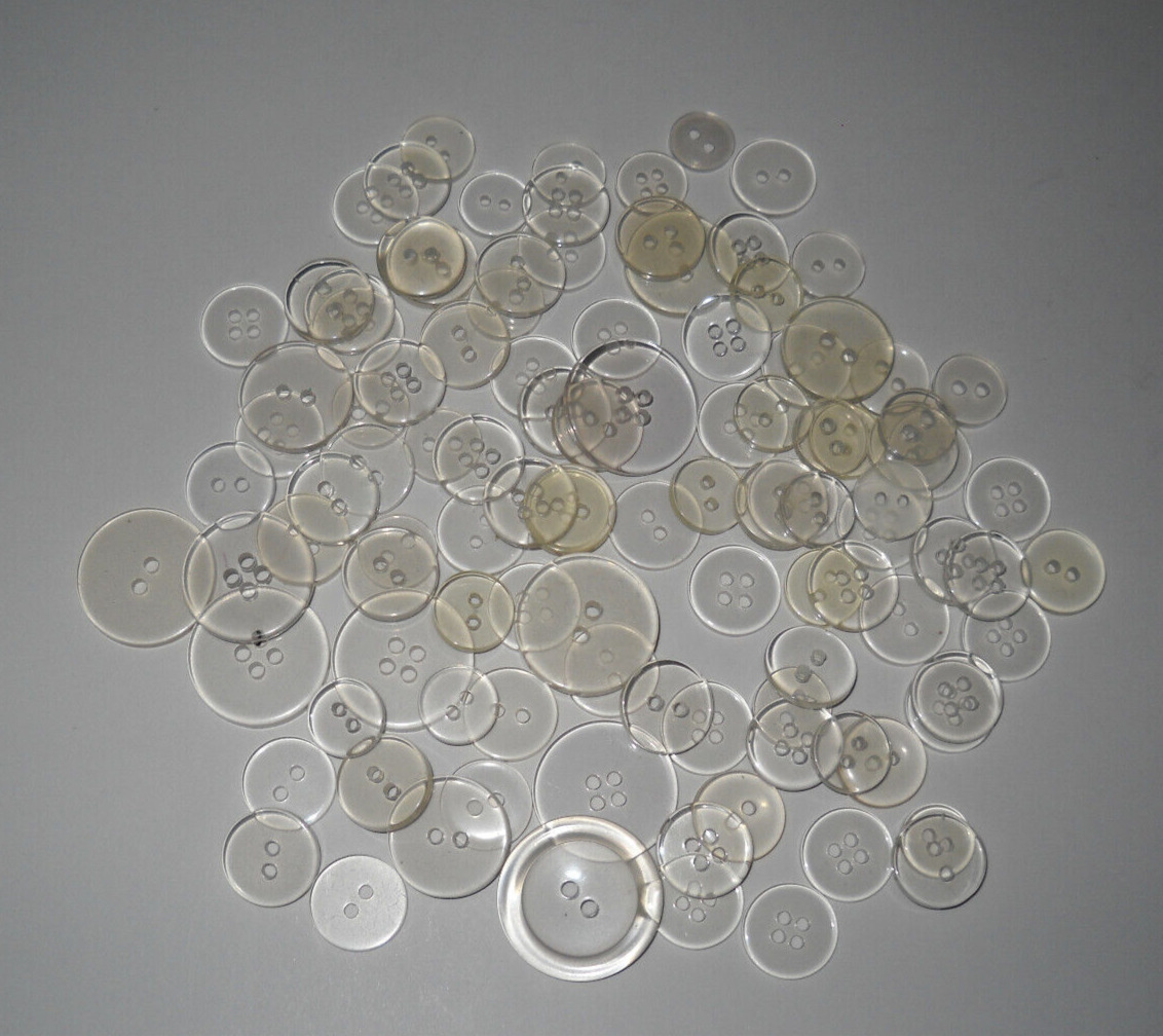 Lot of 100+ Vintage Clear Plastic Round Flat Buttons