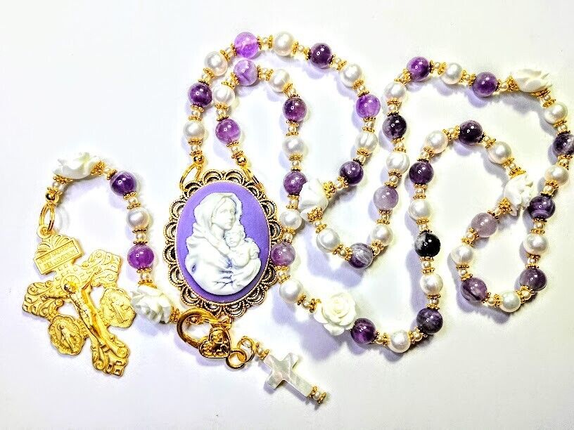 Victorian Style Genuine Amethyst Freshwater Pearl Bead Cream Rose Cameo Rosary