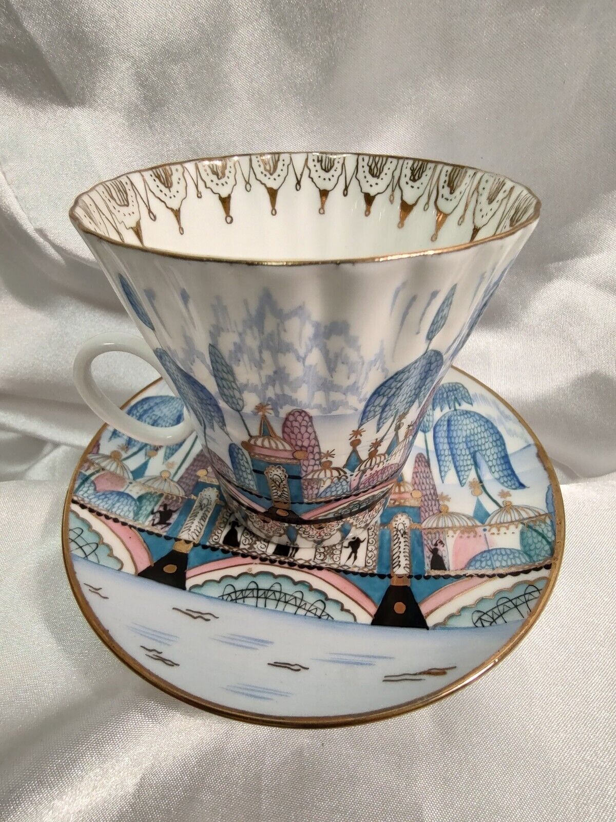 Russian tea cup & saucer Vintage USSR porcelain hand painted signed Rare