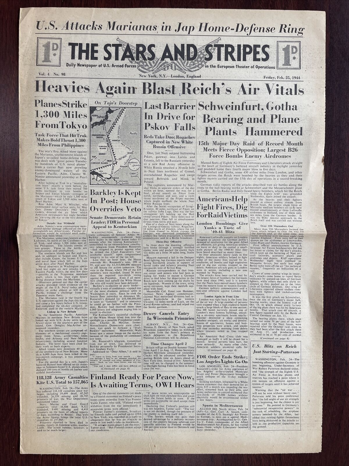 February 24 1944 THE STARS AND STRIPES WW2 Newspaper Plane Heavies Blast Reich