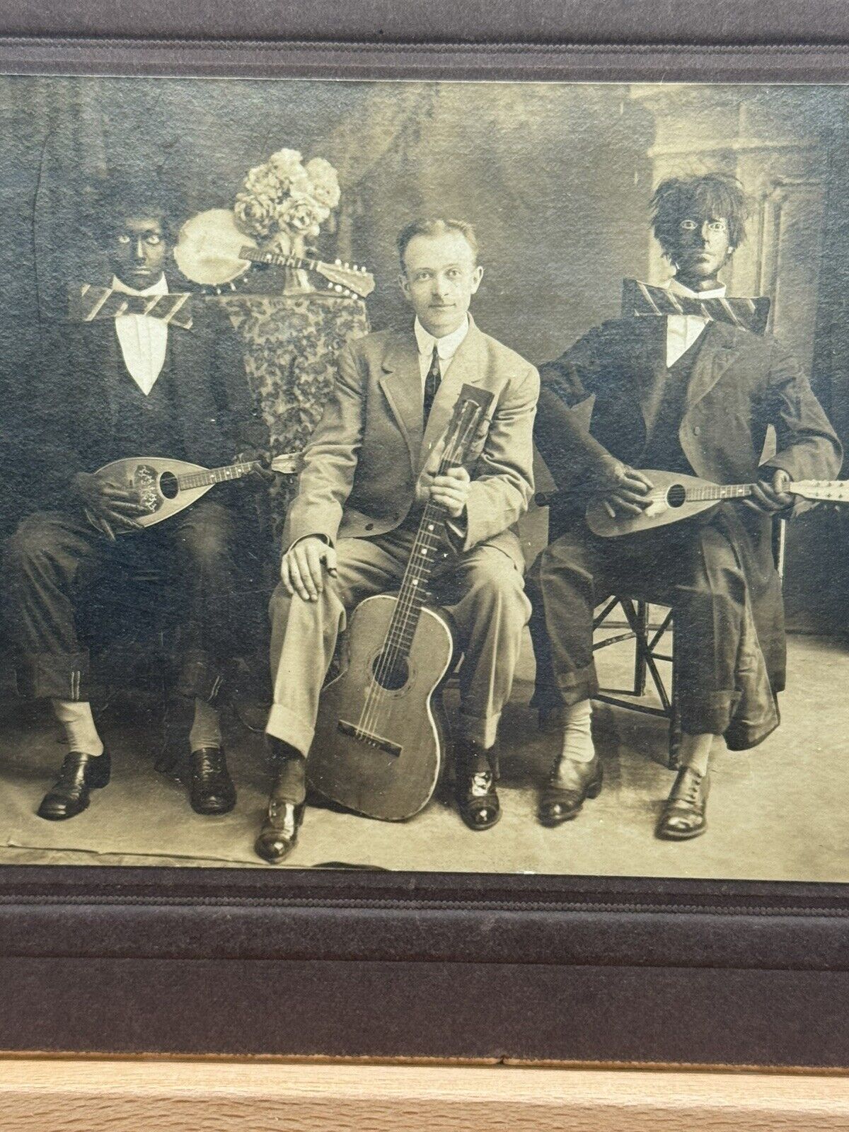 Original Creepy Antique Cabinet Photograph of 3  Musicians, 2 in (Black face)