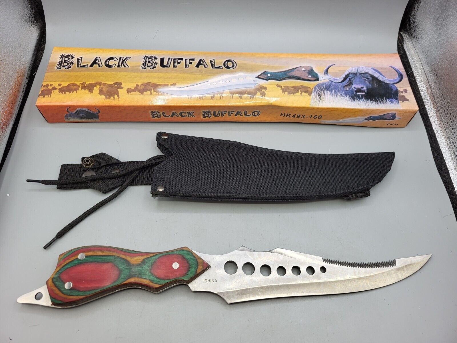 Frost Black Buffalo HK493-160 Custom Design Blade Wood Handle Bowie Knife 16 In