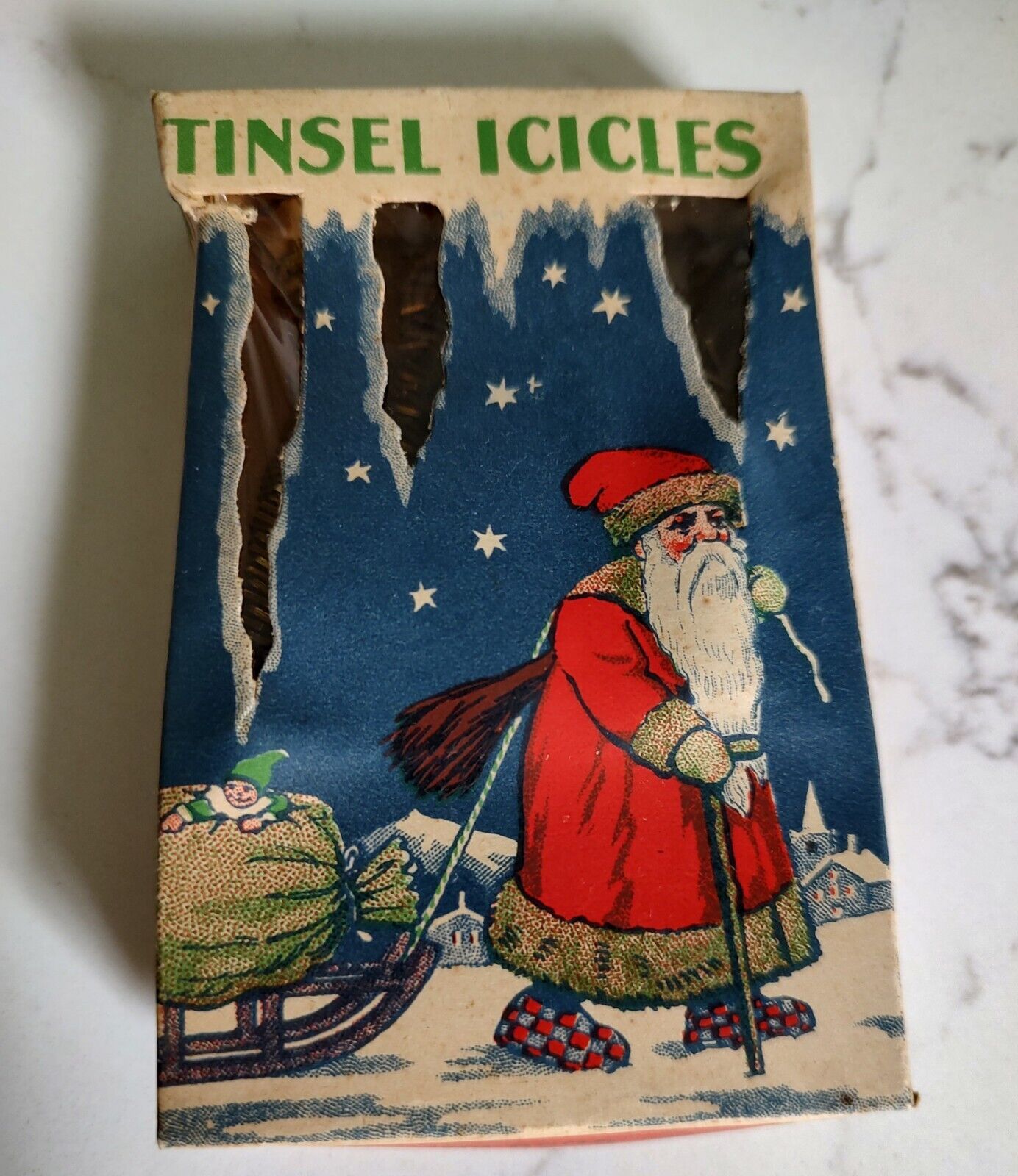 Antique German Tinsel Icicles In Original Box. Not Reproduction.