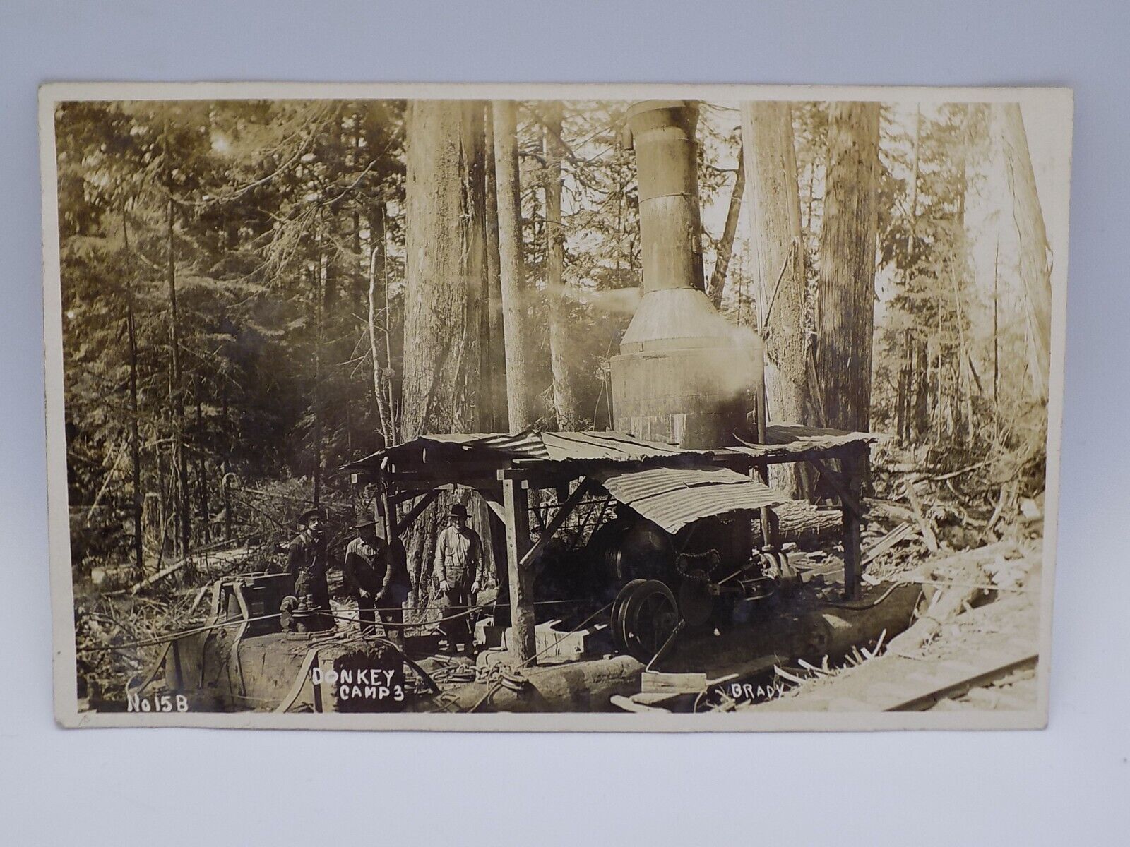RPPC BRADY PHOTO WASHINGTON WA POST CARD ~ DONKEY CAMP #3 ~ LOGGING LUMBERJACKS