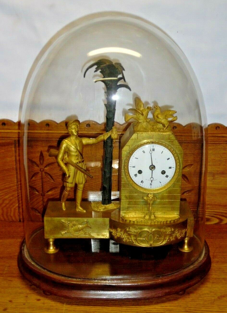 Antique Le Roy A Paris Bronze Hunting Mantel Clock In Glass Dome -Needs TLC