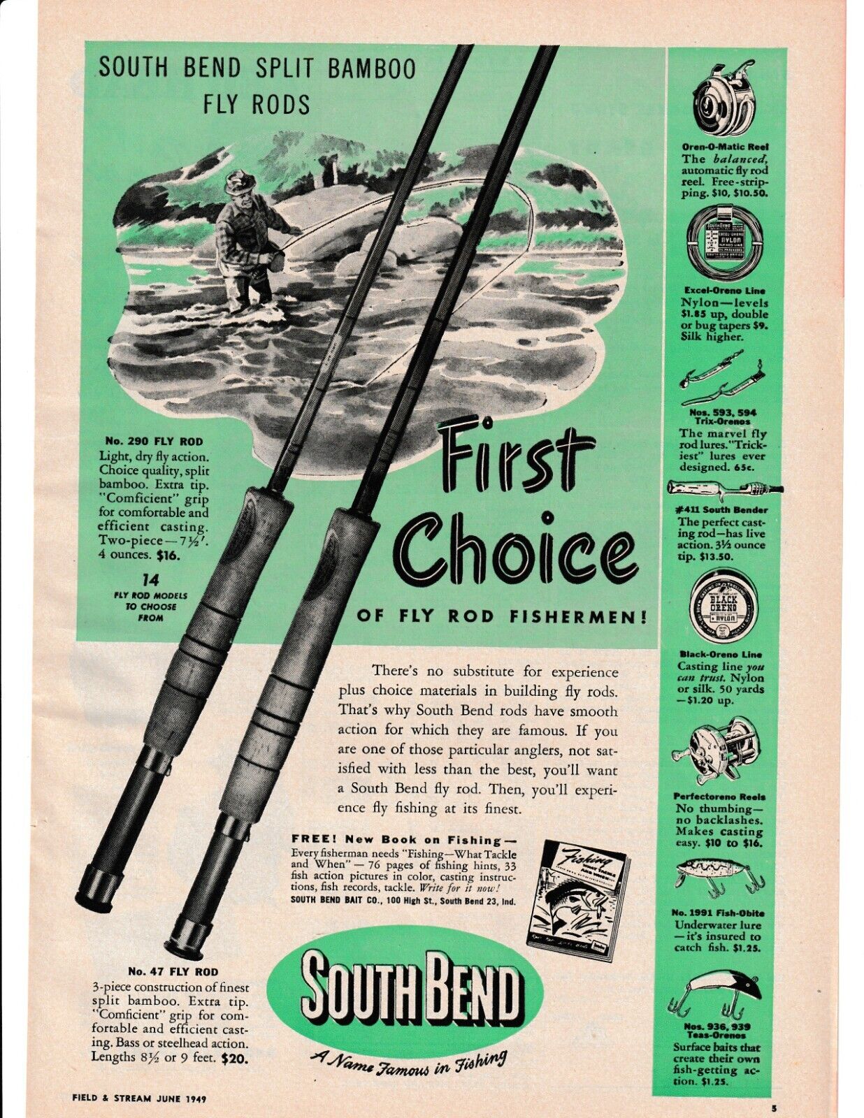South Bend Fly Rod Print Ad 1949 Man Fly Fishing In Creek