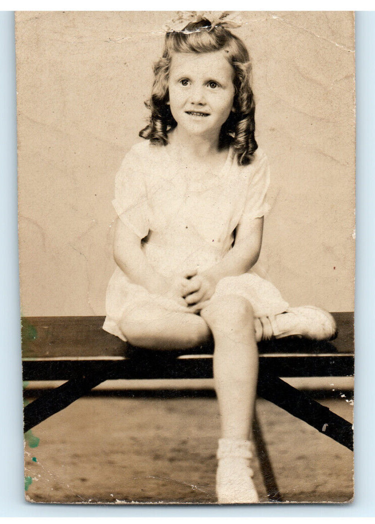 Vintage Photo 1930s, Girl Posed For Picture Sitting On A Bench, 3.5x2.5, Sepia