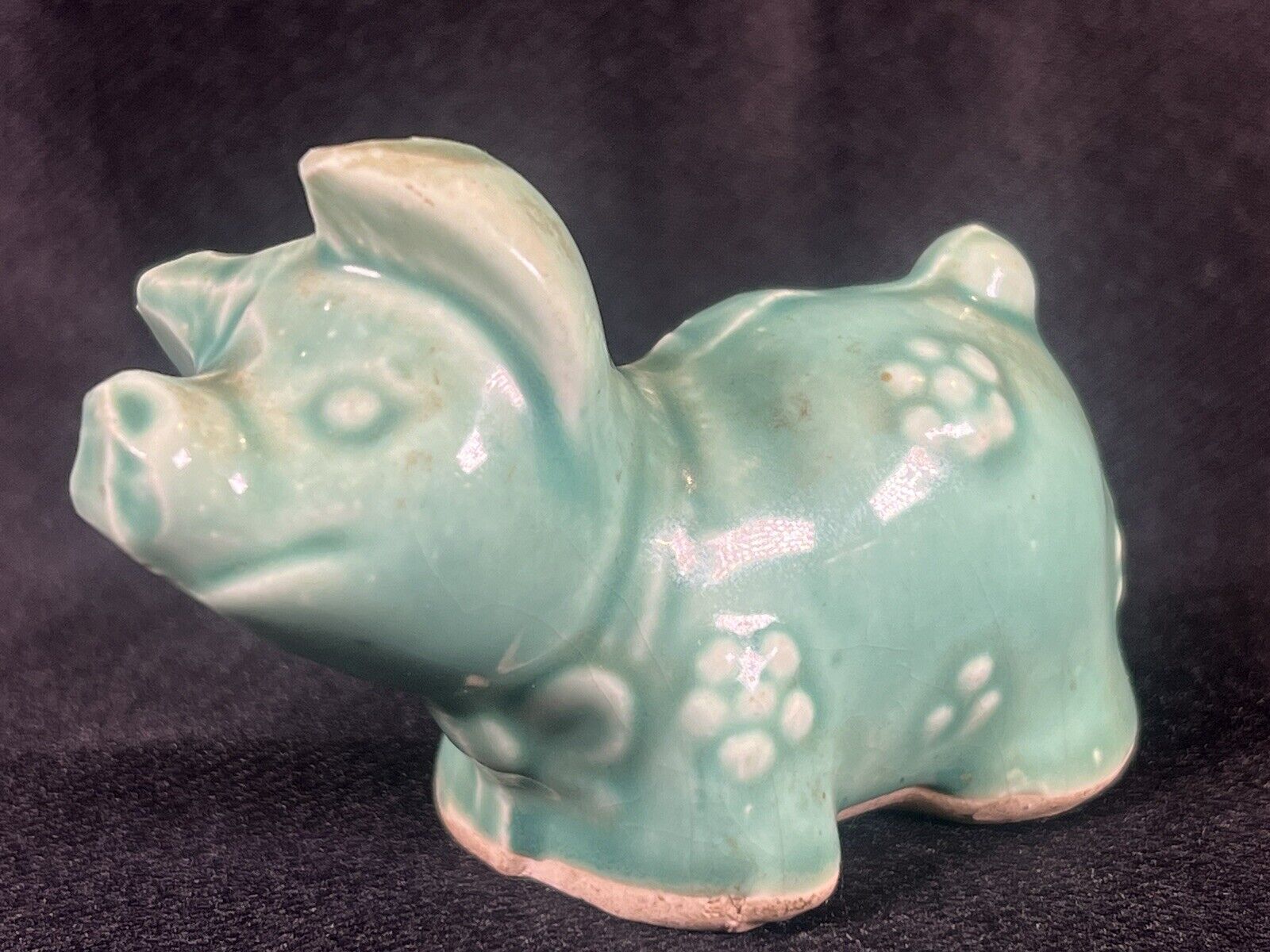 Vintage Antique Handmade Painted Ceramic Green Pig Farm Animal Figurine 3”