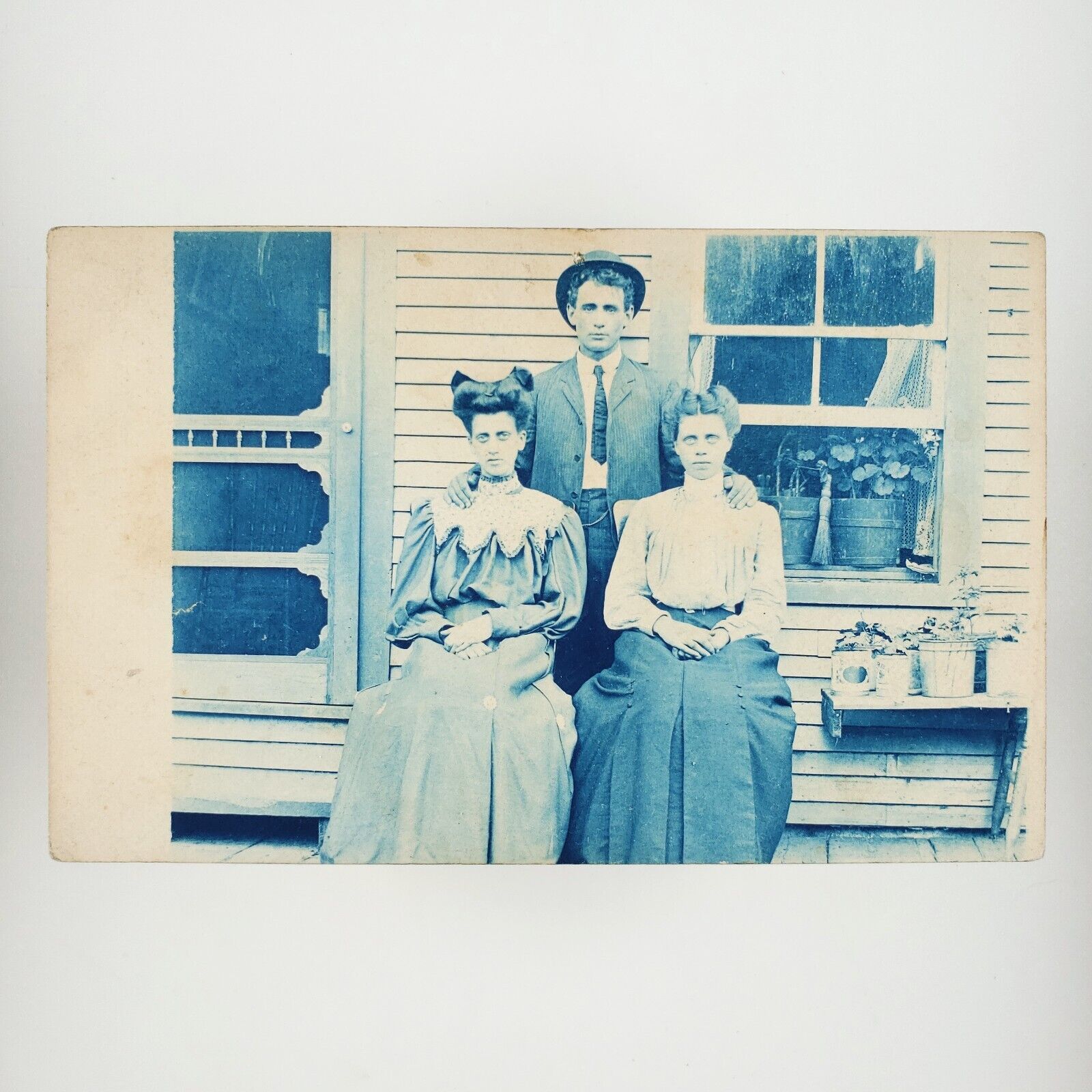 Lainsboro Vermont Cyanotype RPPC Postcard c1910 Marshfield Man Women Porch H742