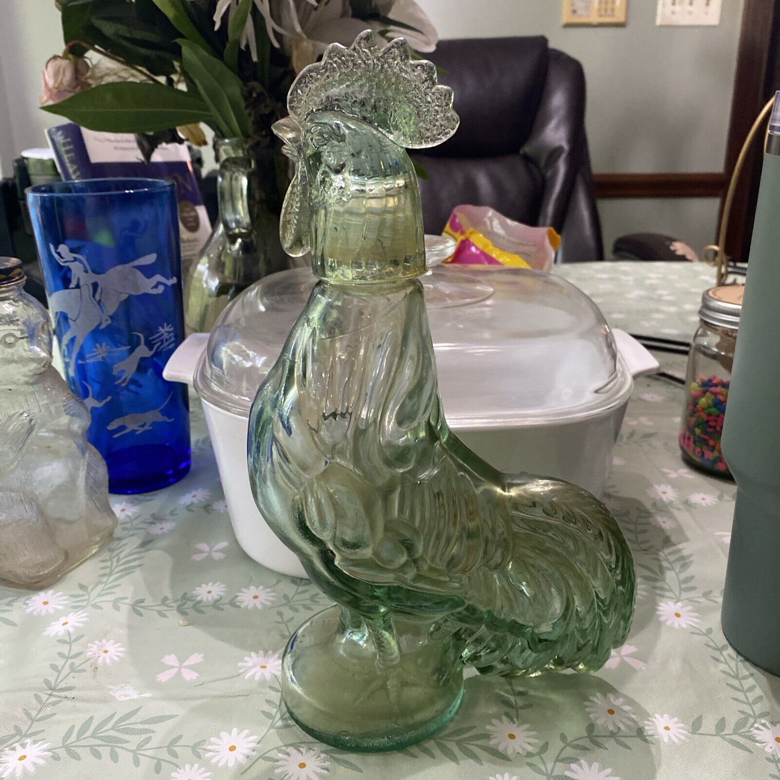 Vintage Rooster Green Glass Decanter W/Shot Glass Head Made In Italy