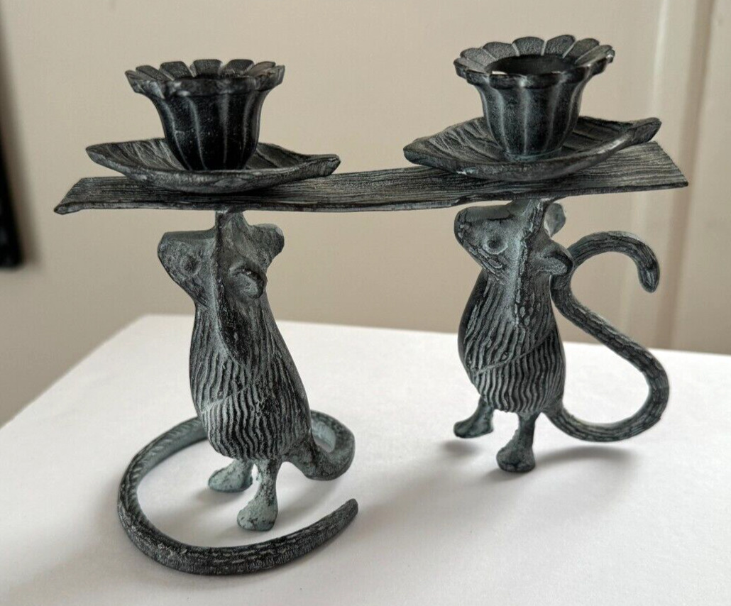 MICE MOUSE Cast Metal Candlestick Holder With 2 Mice Mouses Candle Stick EX