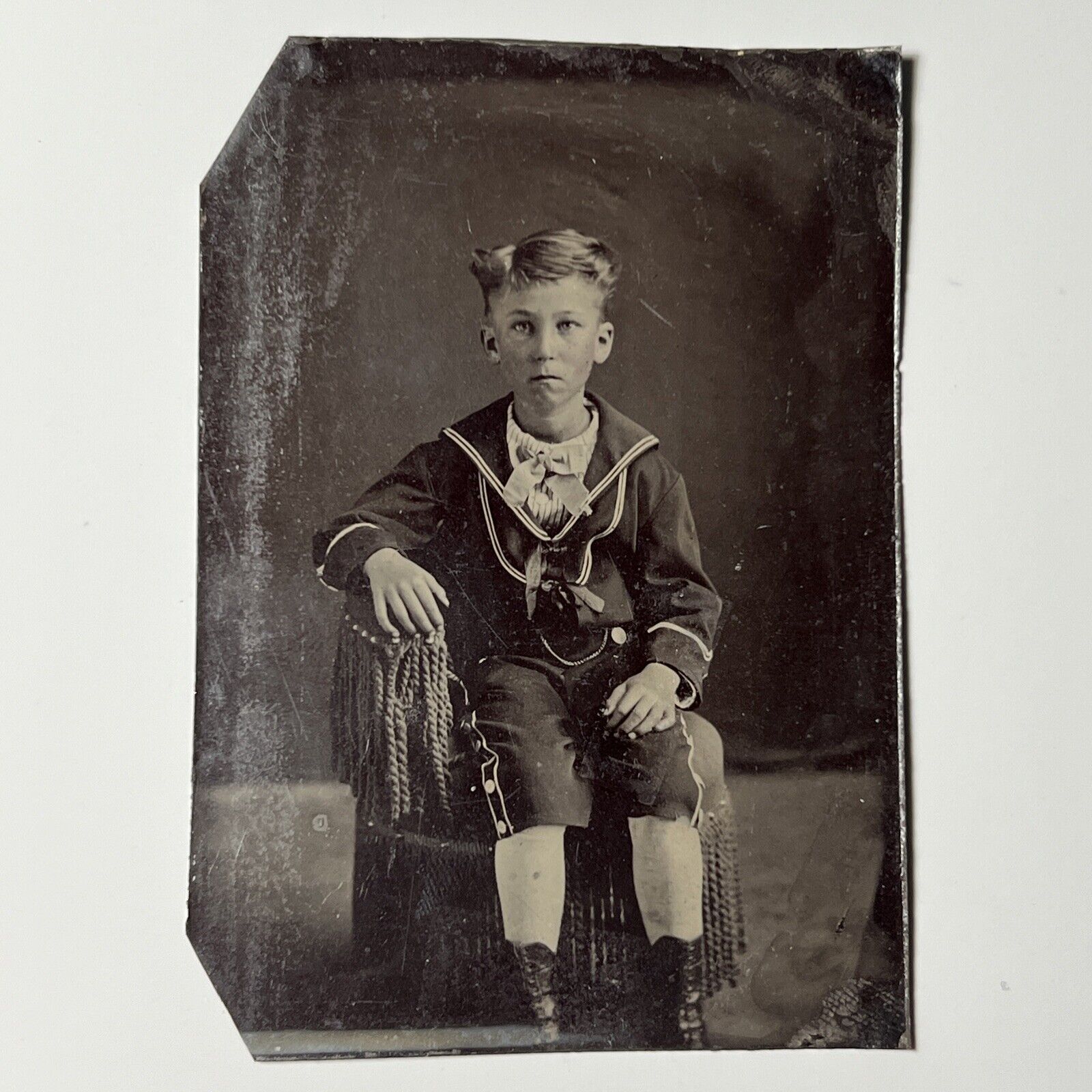antique SAILOR SUIT KNICKERS and Stylish Hair Boy Tintype Photo Tin Type