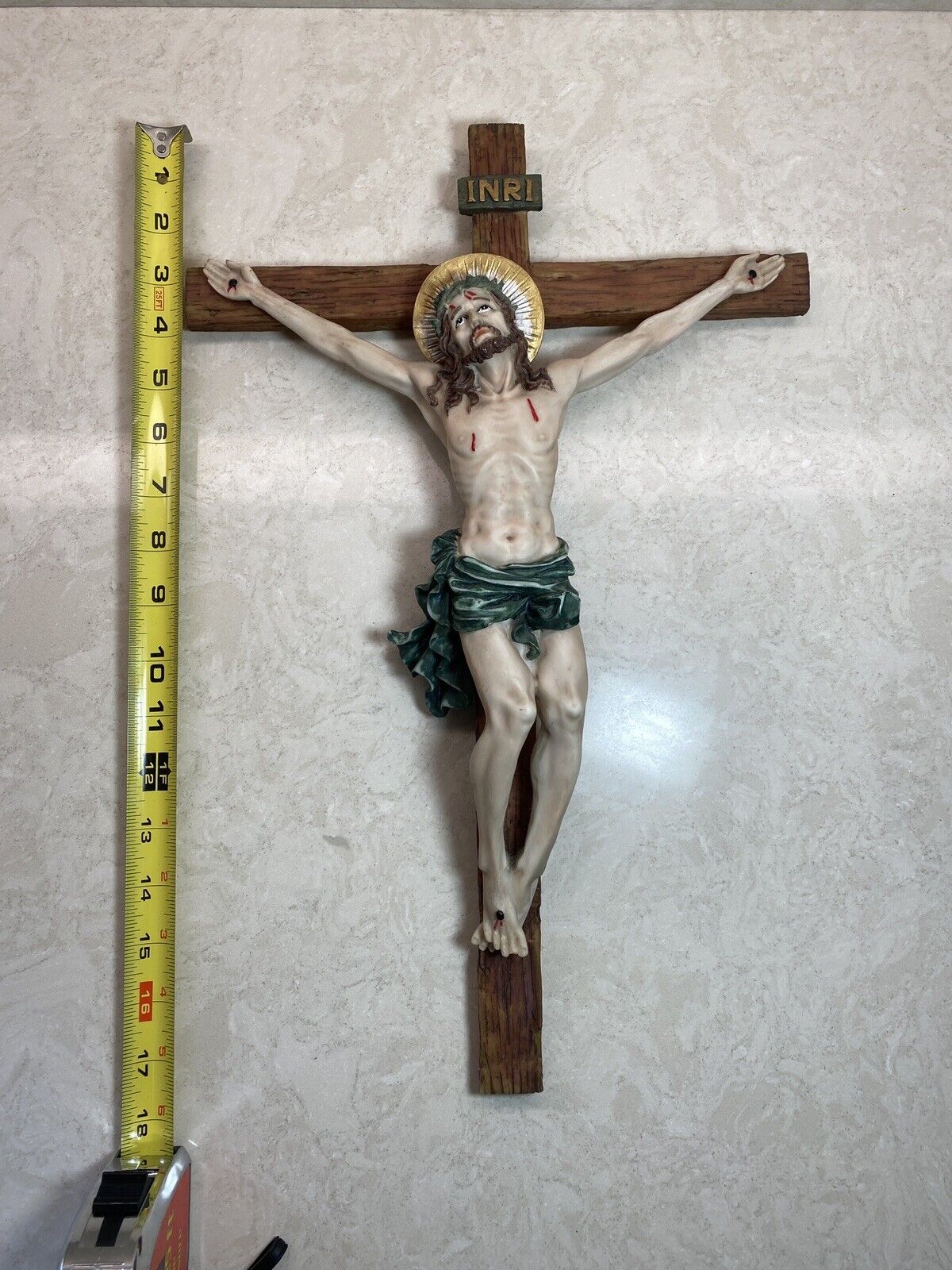 Catholic Cross Wall Crucifix Jesus Christ INRI Wood & Resin Large Size 17” x 12”