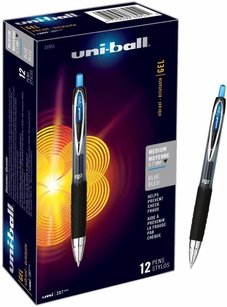12 Uni-Ball 207 Signo Retractable Gel Rollerball Pens Blue Medium .7mm, uniball