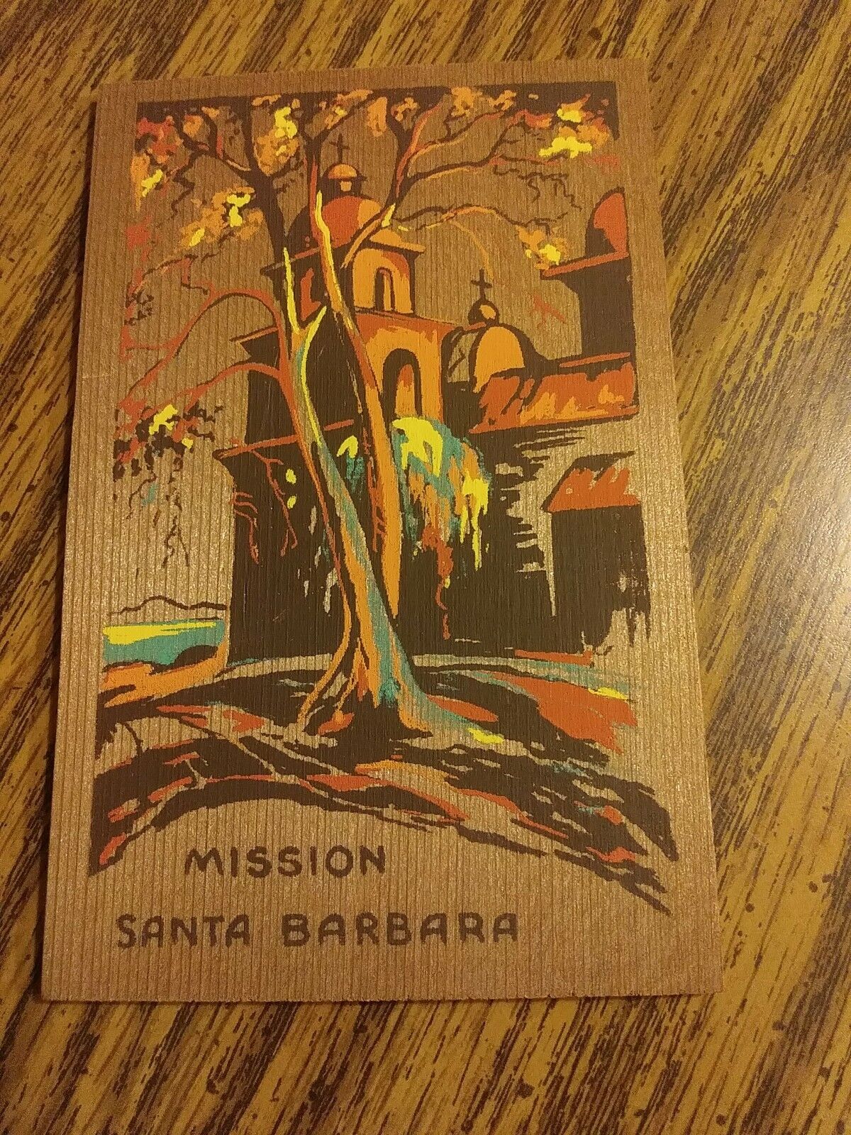 Vintage Wooden Redwood Postcard California  Mission Santa Barbara
