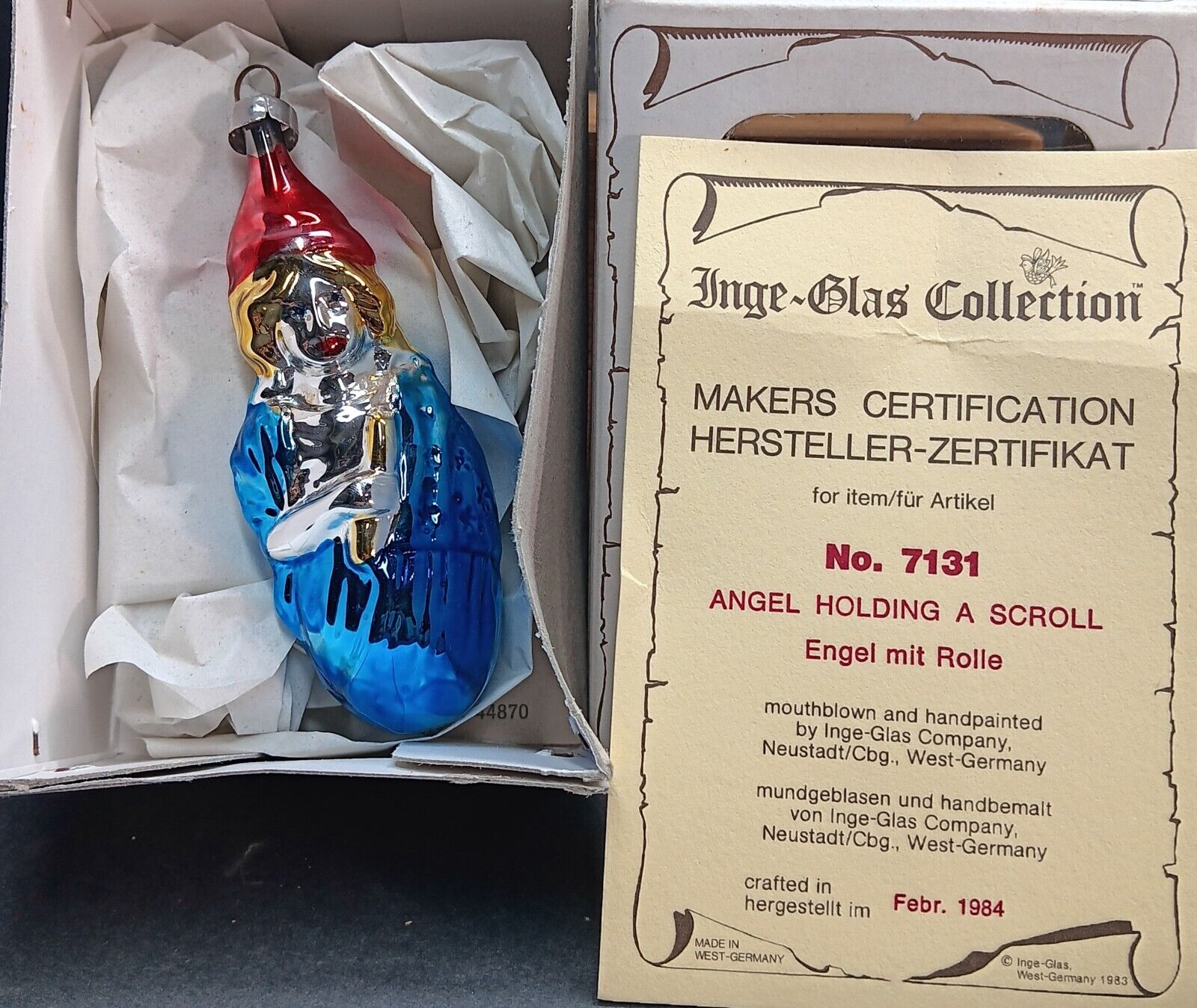 1984 Inge Glas Angel Holding A Scroll #7131 Christmas Ornament Mint In Box 
