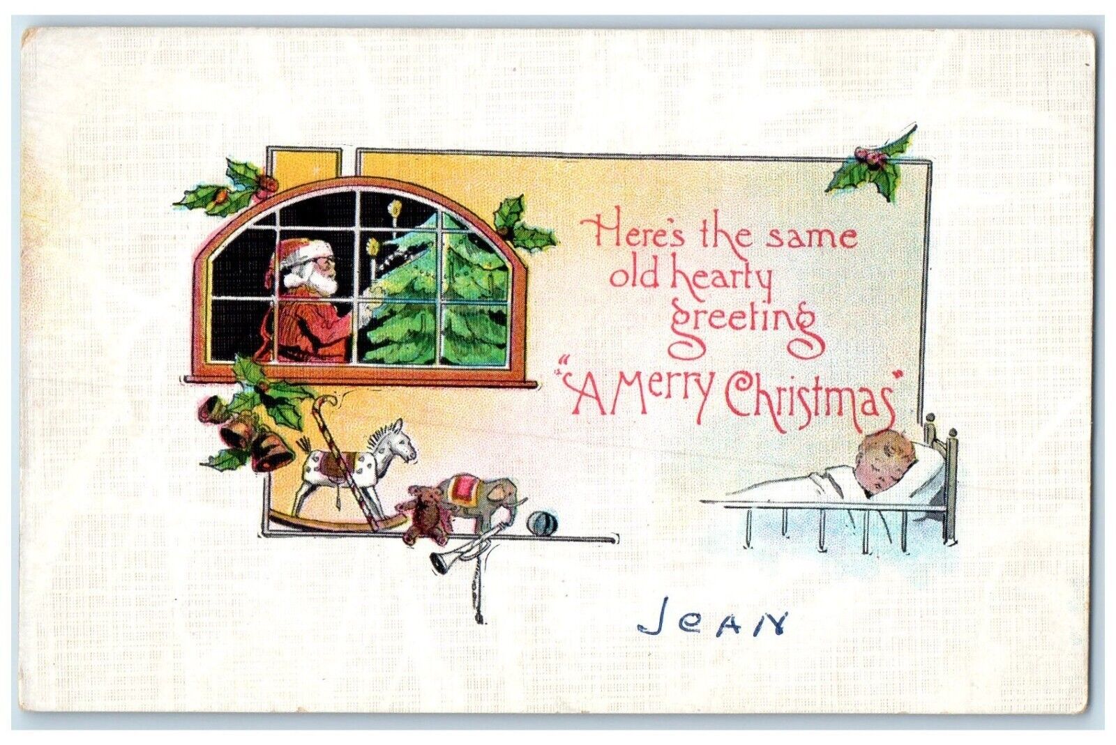 c1930\'s Merry Christmas Santa Claus On Window Toys Ringing Bell Vintage Postcard