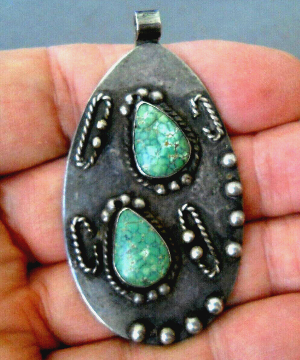 S.SPRUCE Southwestern Native American Green Turquoise Sterling Silver Pendant 3\
