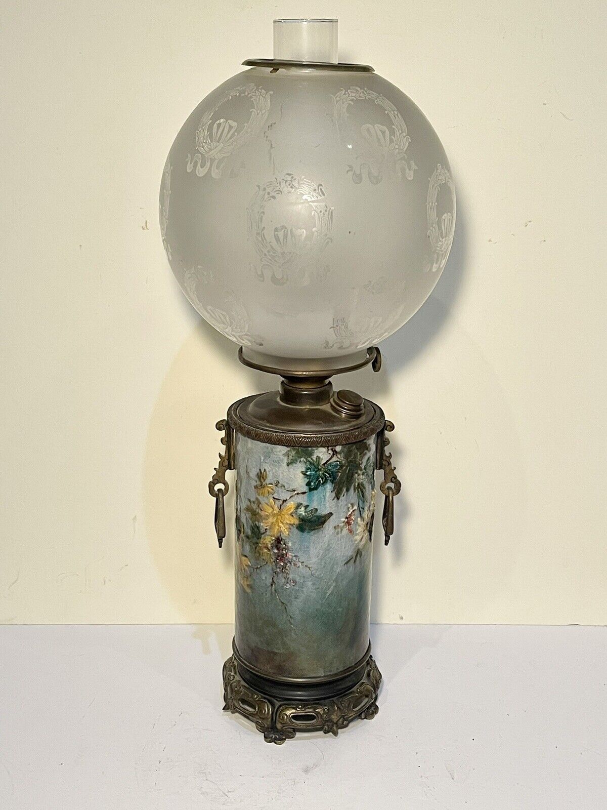 Antique AESTHETIC ART POTTERY & Bronze1890’s Victorian Painted Kerosene Oil Lamp