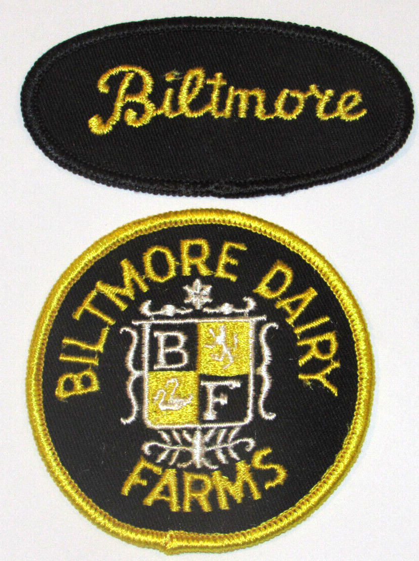 2 VTG BILTMORE DAIRY FARMS UNIFORM PATCHES EMBROIDERED UNUSED ASHEVILLE, NC