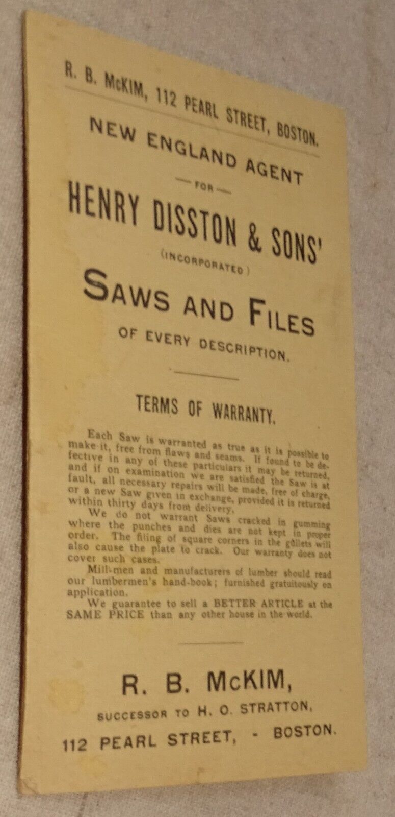 1900 Henry Disston & Sons\' Saws and Files Price List & Letter (R B McKim Boston)