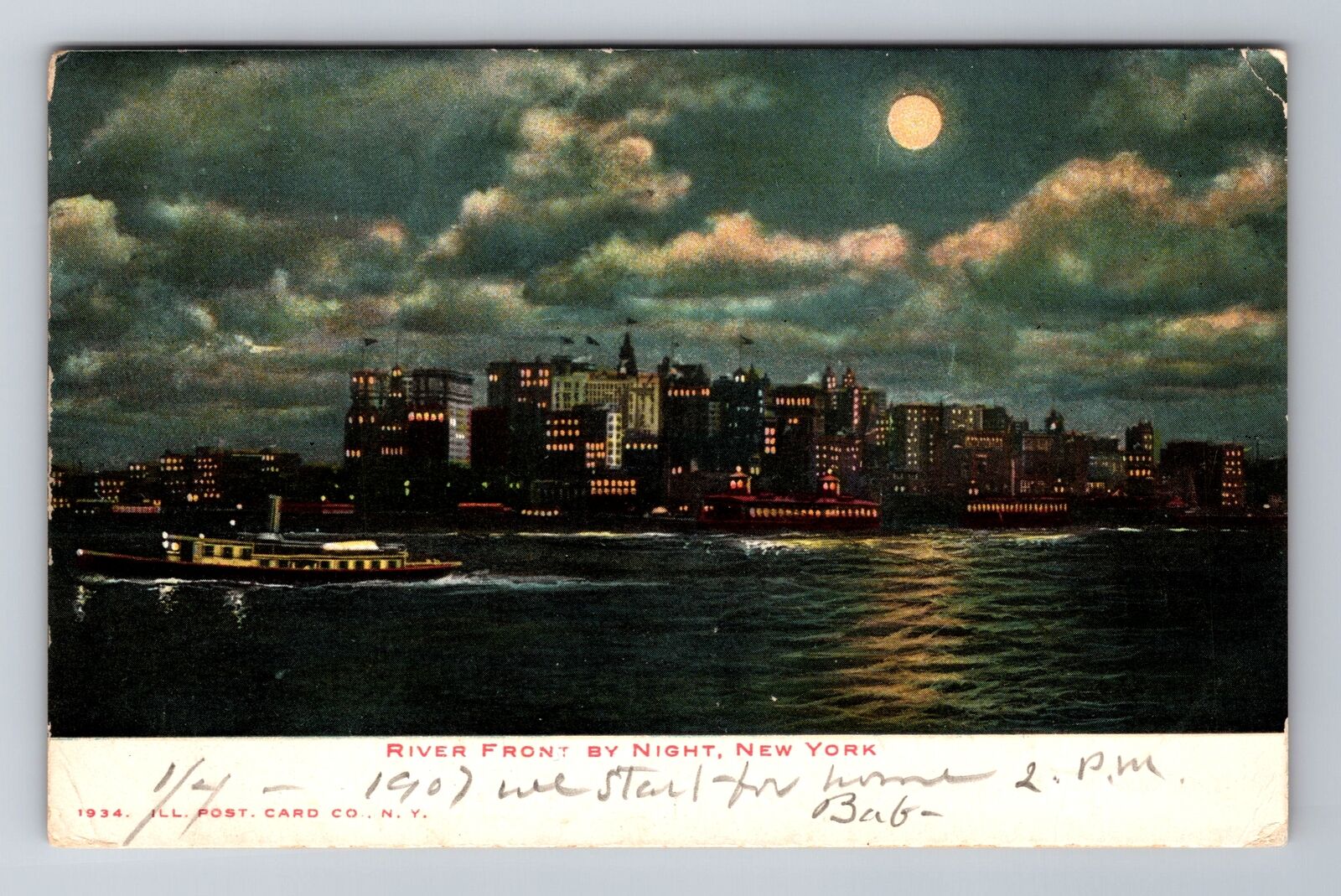 New York NY-New York, River Front by Night, c1907 Vintage Souvenir Postcard