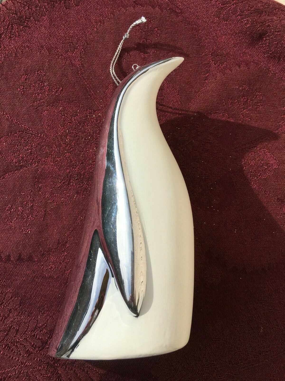 Penguin Figurine Silver And White Ceramic Sleek Christmas Ornament Large 5.5 In.