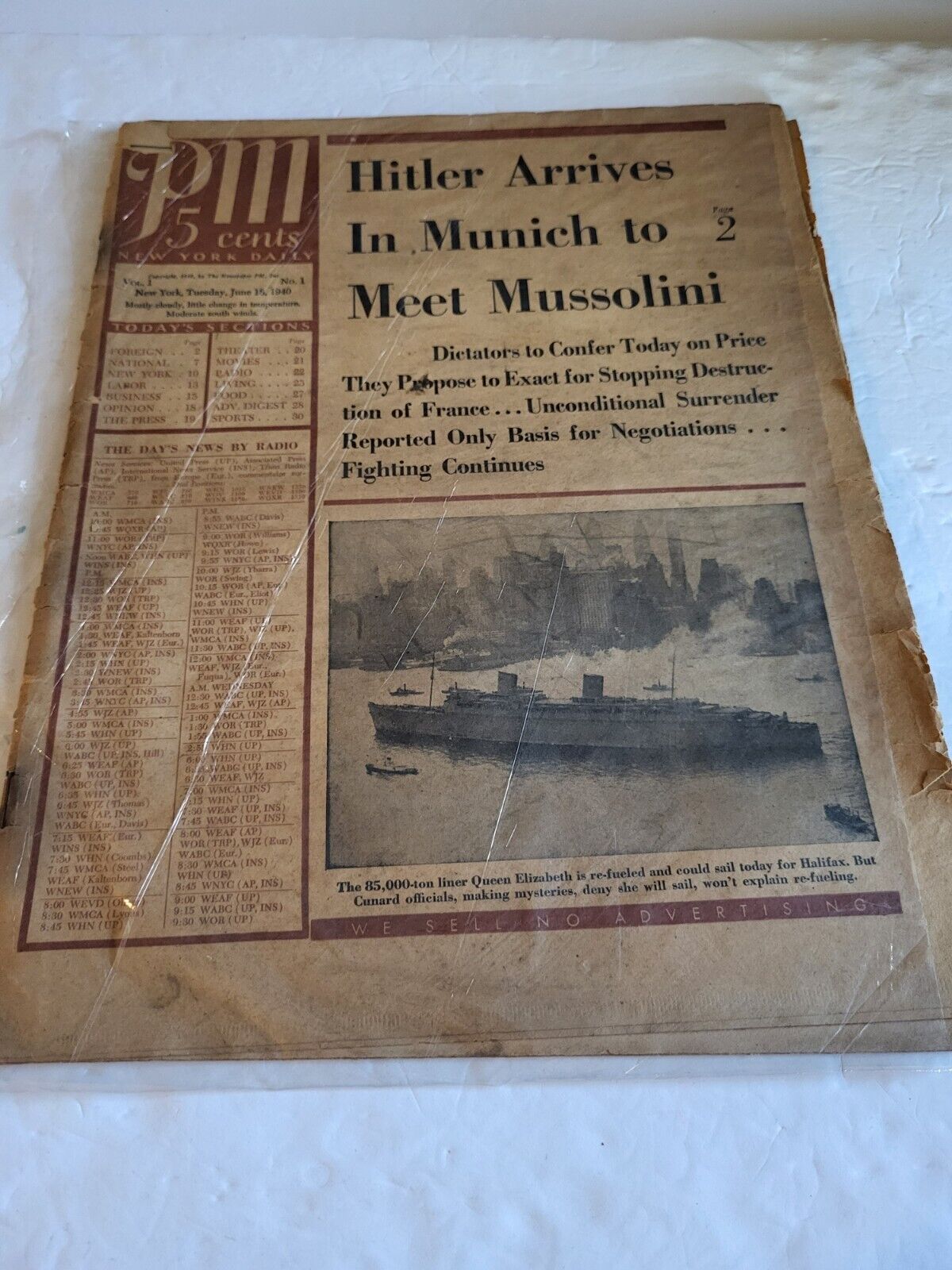 1940 June 18, PM New York Daily Vol. 1 #1, Hitler Arrives In Munich To Meet...