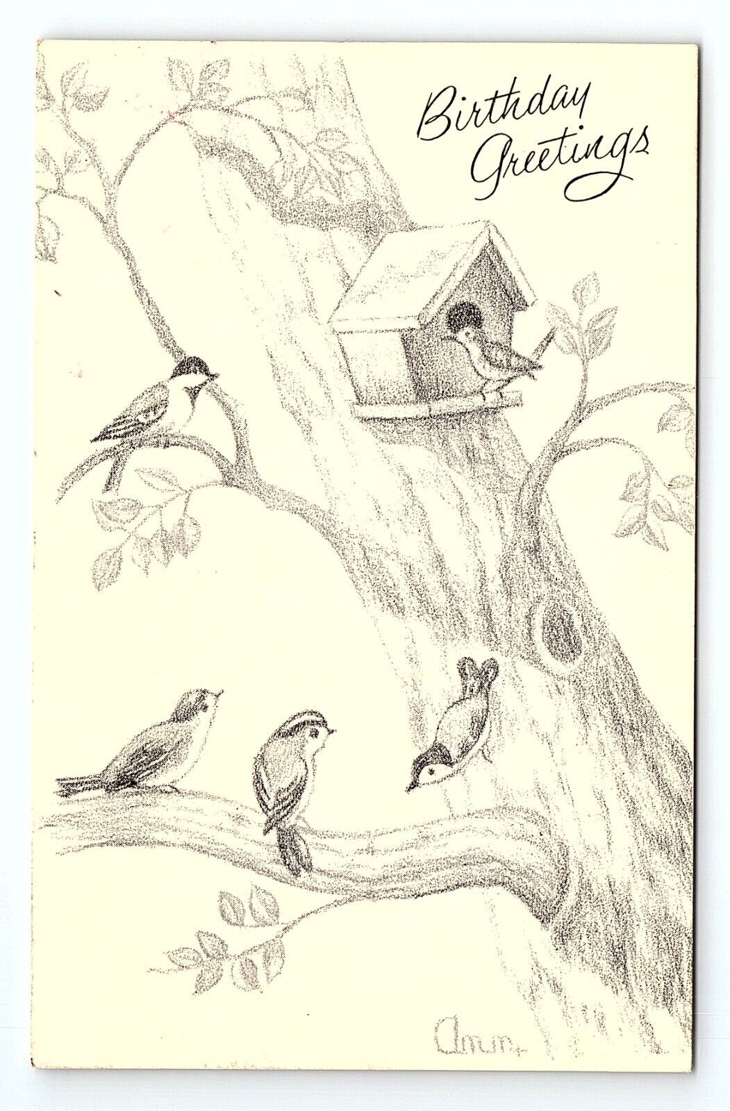 Birdhouse Birds Nest Sitting In Tree Birthday Greetings VTG Postcard A/S Sketch