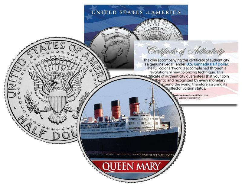 RMS QUEEN MARY Ocean Liner Colorized JFK Kennedy Half Dollar Coin - Legal Tender