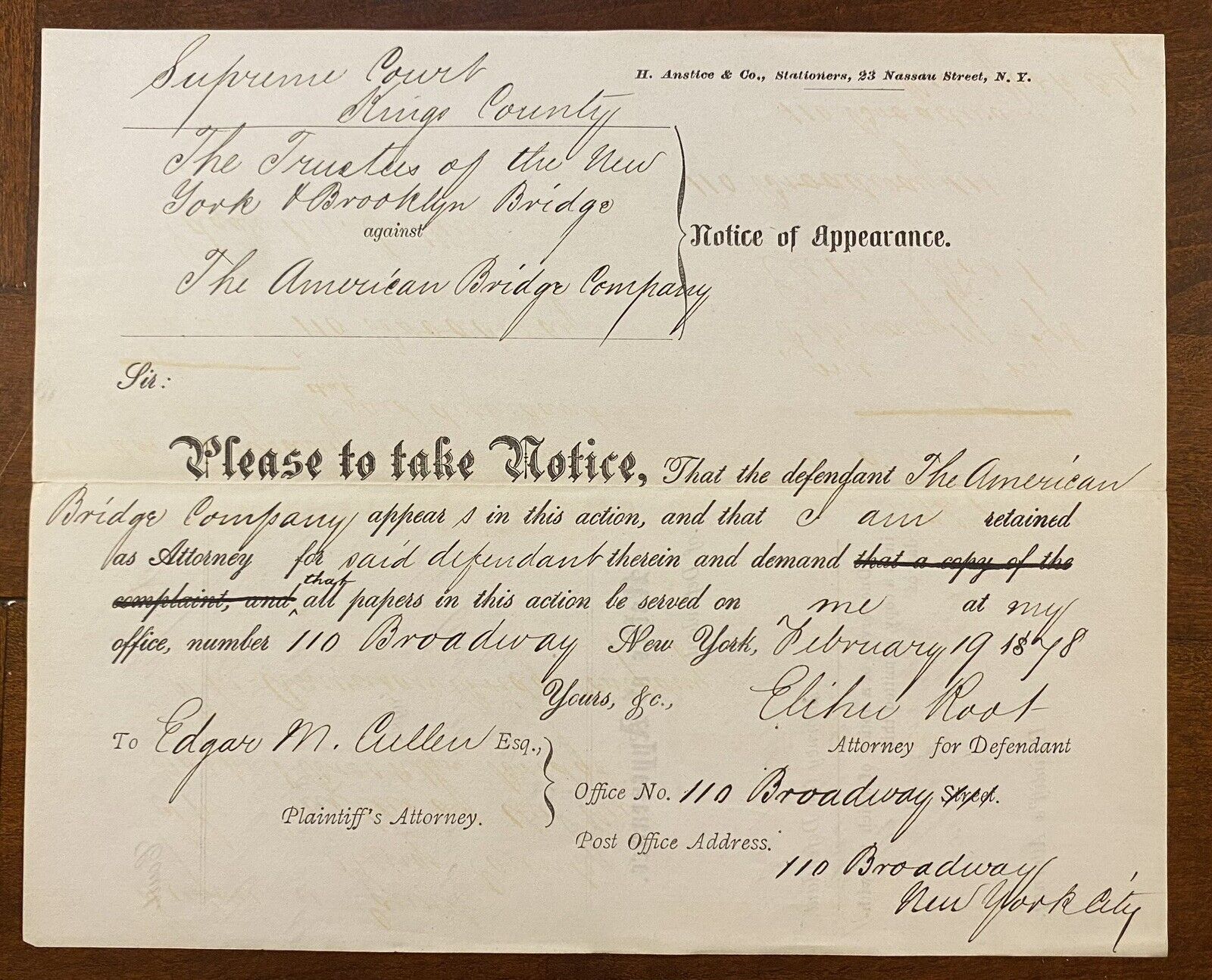 Elihu Root Sec of State Nobelist SIGNED notice 1878 Brooklyn Bridge Edgar Cullen