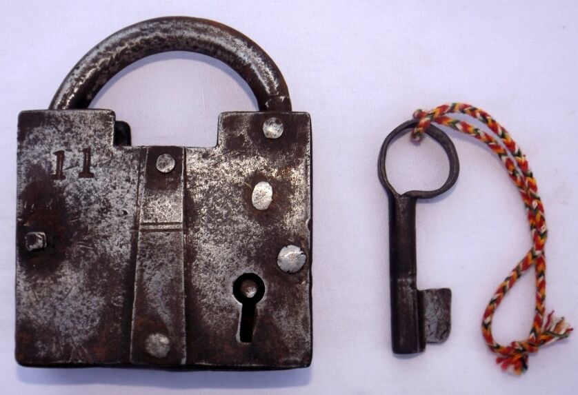 Vintage Solid Iron Lock Old Hand Crafted Tricky Puzzle Lock Rich Patina 