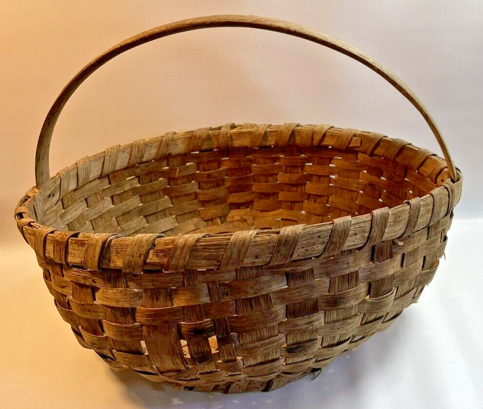 Antique Primitive Hand Woven Split Oak Handle Egg Gathering Basket