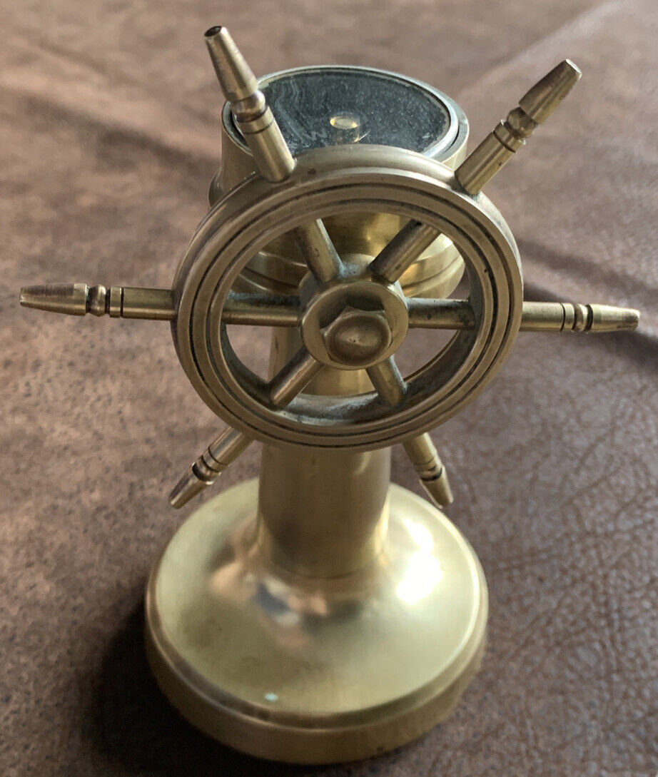 Vintage Brass Nautical Ship Wheel Helm with Ships Compass 4 5/8 Inches Tall