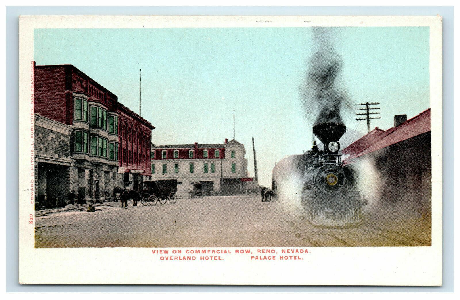 c. 1906 Reno NV View on Commercial Row Overland Palace Hotel Train Railroad