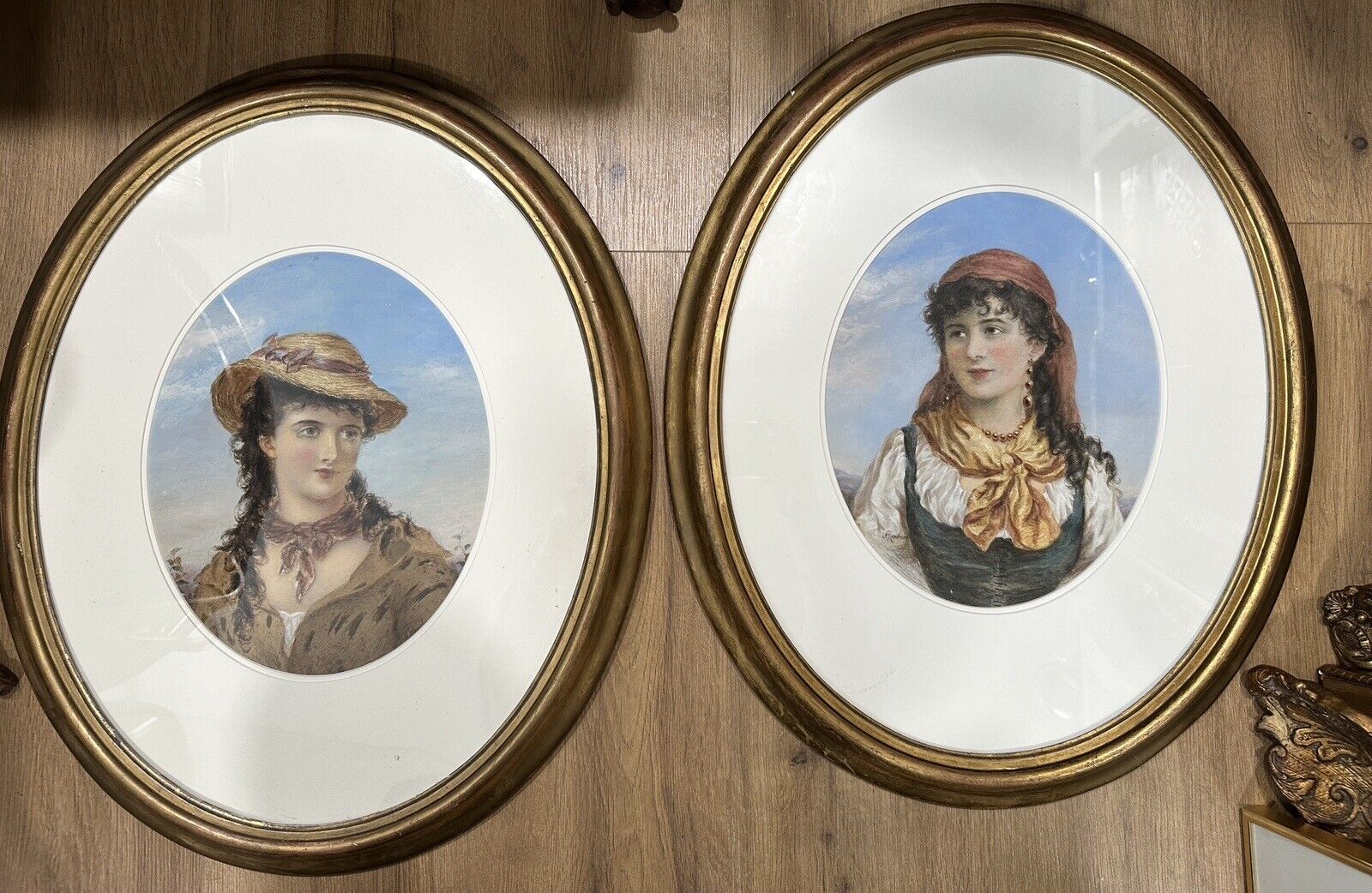 Pr. 19th Century Watercolors Portraits Beautiful Woman Gilt Framed Alice Renshaw