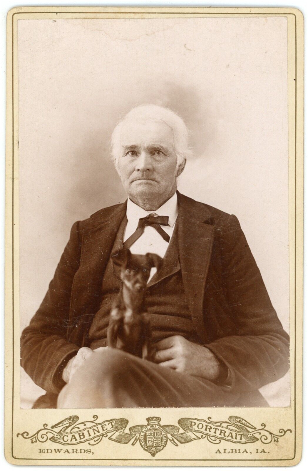 Circa 1880\'S Rare Cabinet Card Grumpy Looking Older Man With Little Dog On Lap