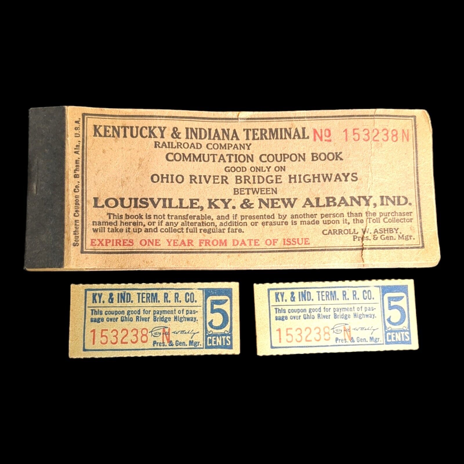 Kentucky & Indiana Terminal Railroad Company Commutation Coupon Book + 2 Tickets