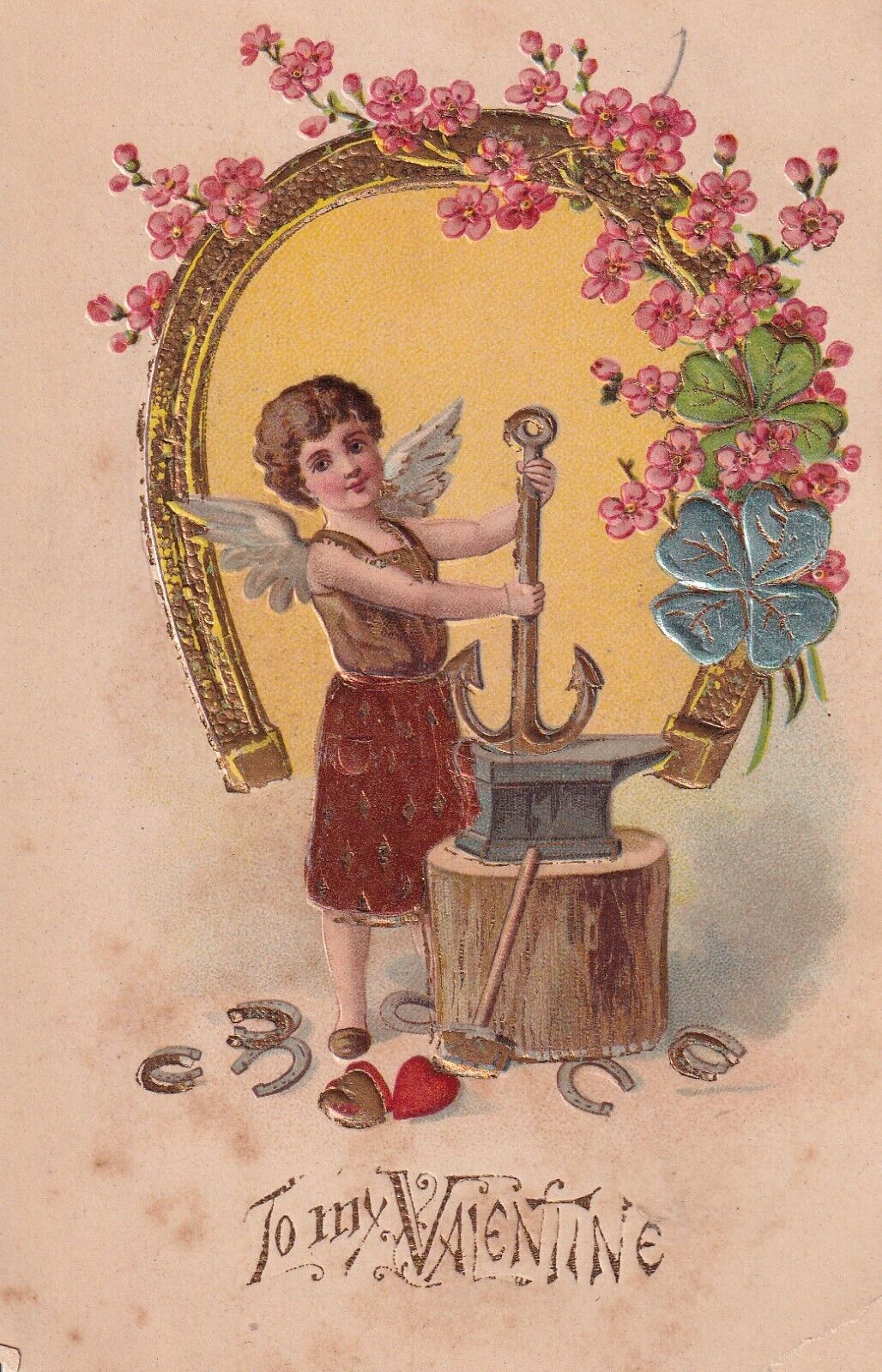 Vintage To My Valentine Postcard Early 1900's Angel Cherub Wings Lucky Horseshoe