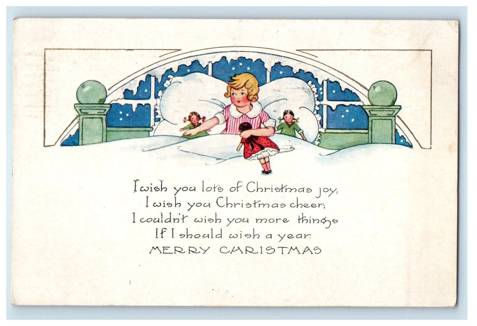 1922 Merry Christmas Seal Girl Bed With Dolls Winter Snowfall Vintage Postcard