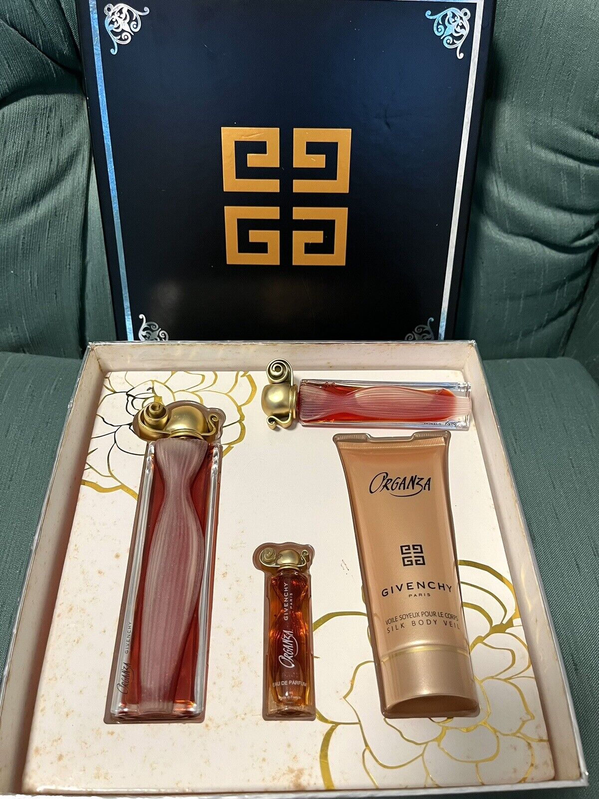 Vintage Givenchy Organza Gift Set Black Gold Box Eau De Parfums & Lotion