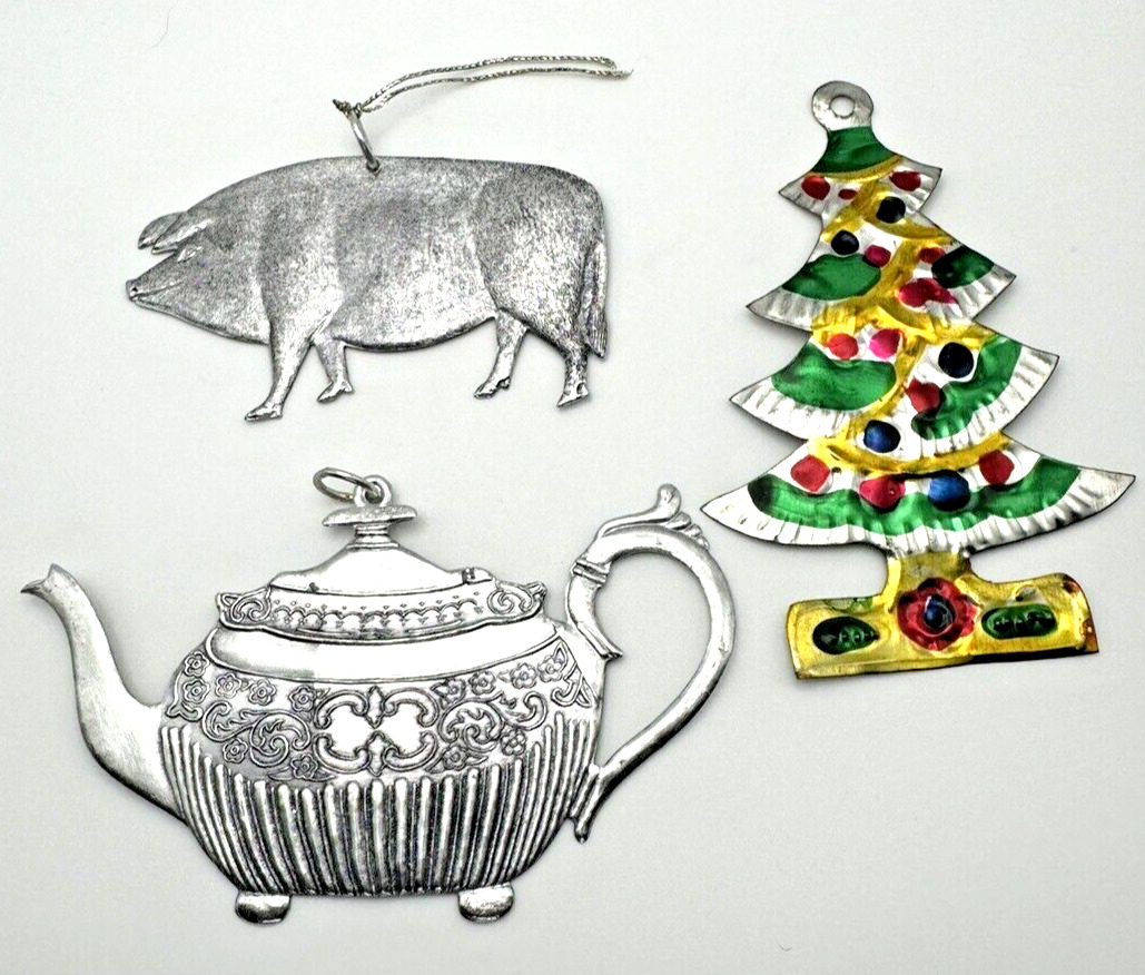 Lot of 3 Primitive Christmas Ornaments Teapot Pig Tree Silver tone Metal LOOK