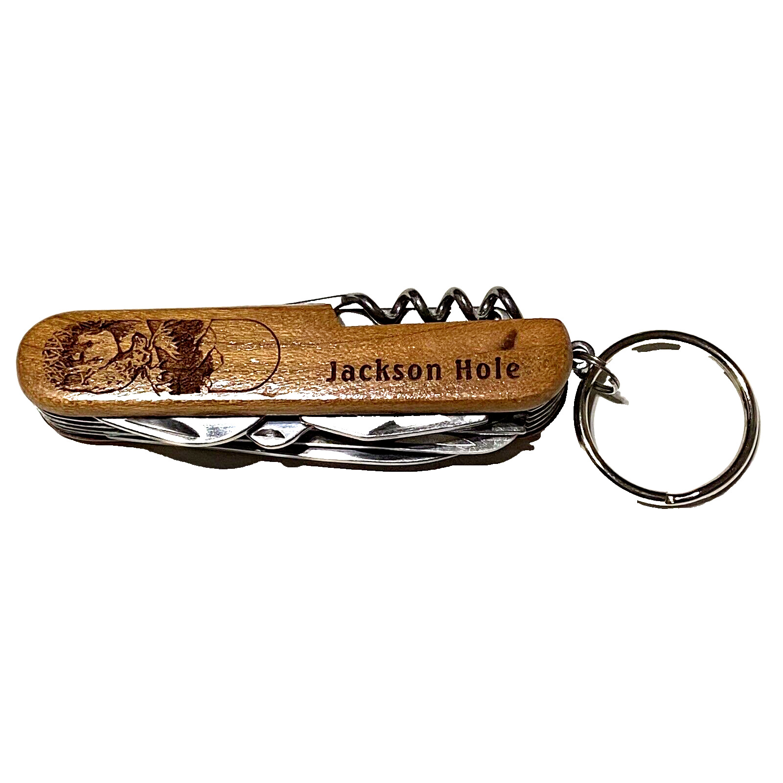 NEW Jackson Hole Wood Grain Multi-Tool Pocket Knife Keychain, MOOSE Engraving