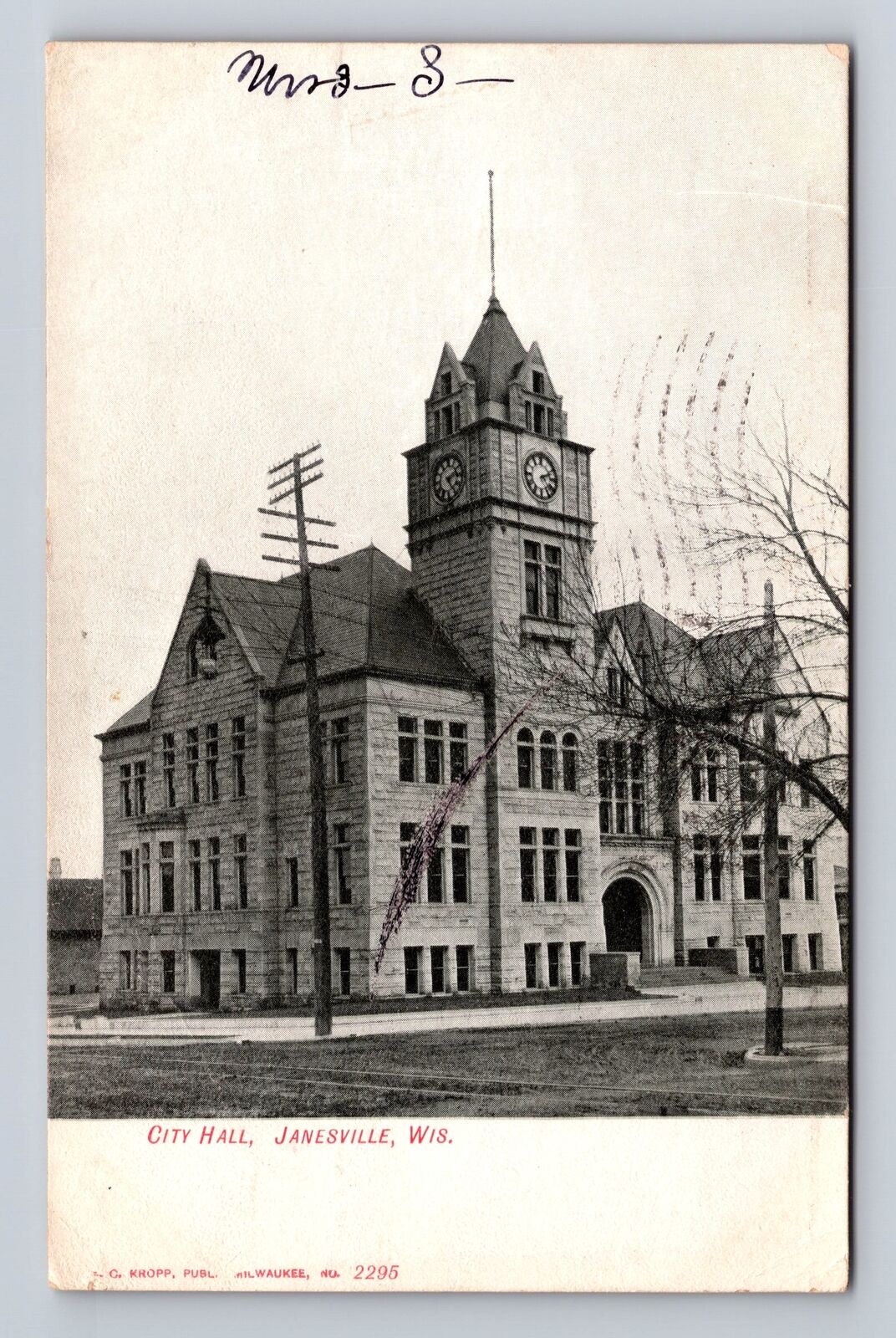 Janesville WI-Wisconsin, City Hall, Antique, Vintage c1911 Souvenir Postcard