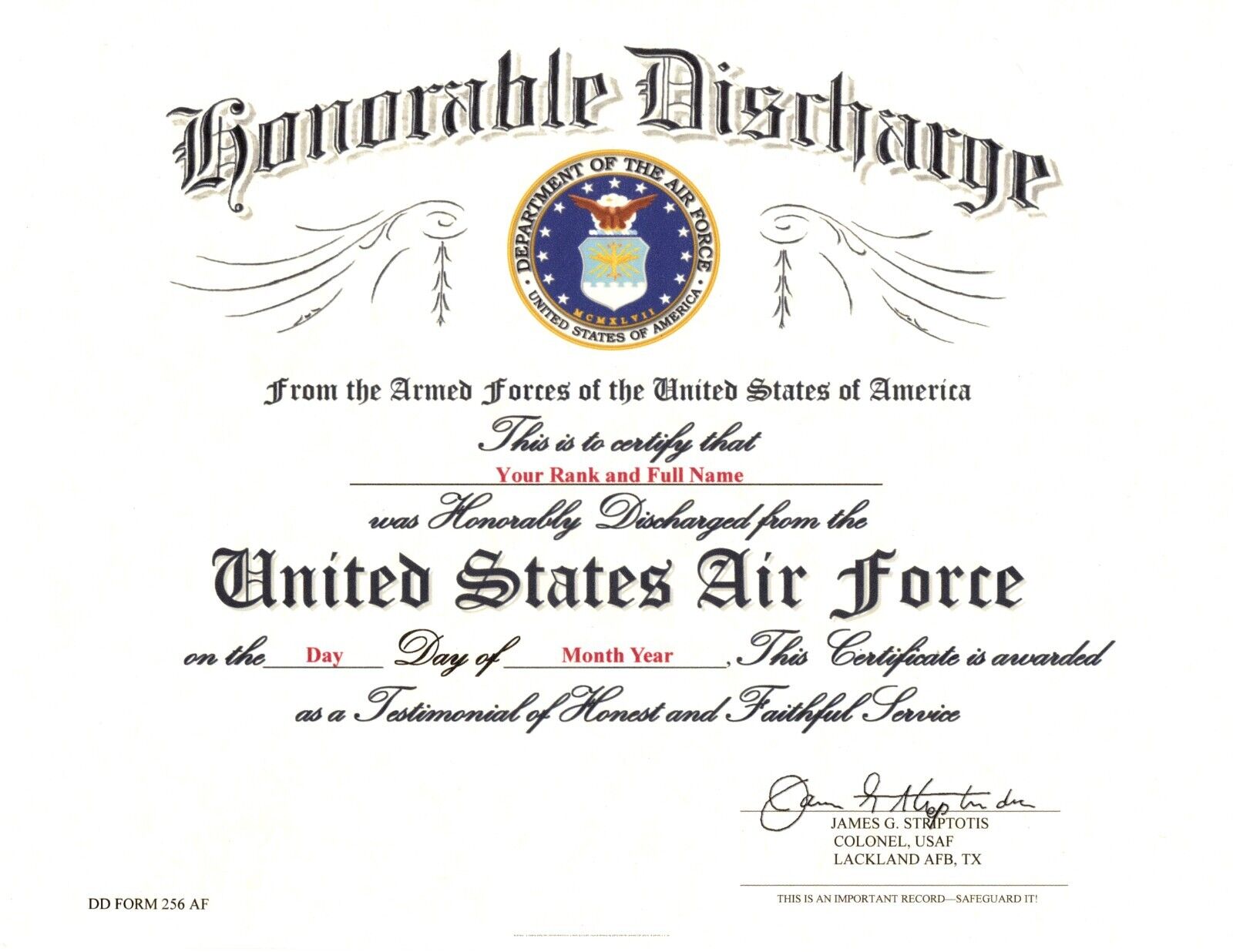 United States Air Force Honorable Discharge Replacement Certificate