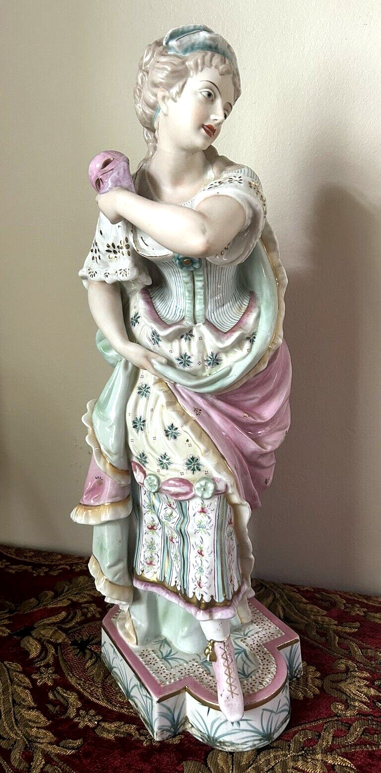 Beautiful Antique Bisque Porcelain Statue Figure Woman in Masquerade Fashion