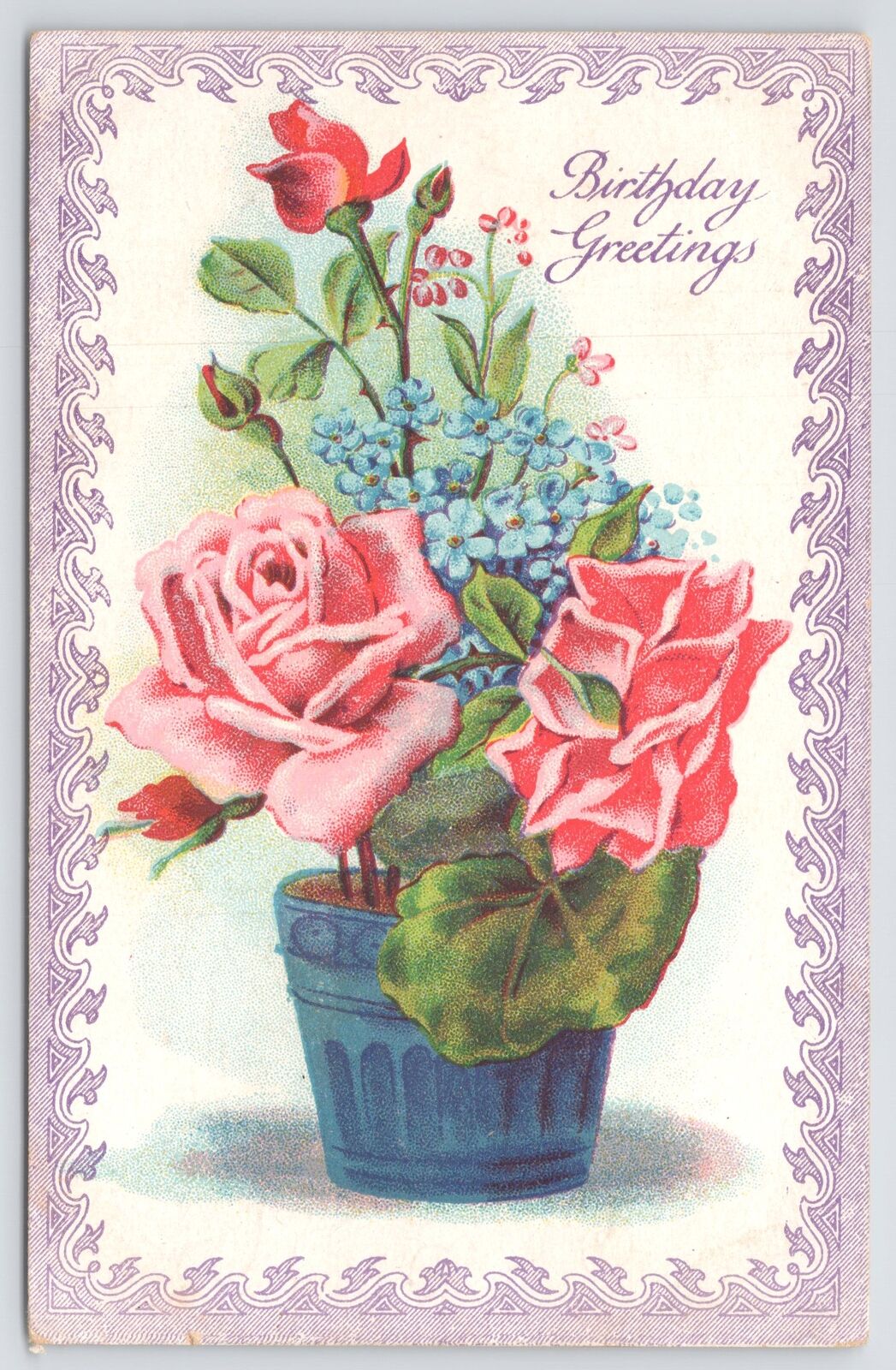 Birthday~Pink Rose~Forget-Me-Nots In Blue Pot~Art Nouveau Border~ECC Ser~Vtg PC