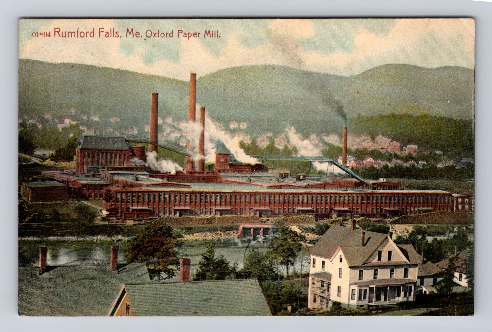 Rumford Falls ME-Maine, Aerial Oxford Paper Mill, Vintage c1908 Postcard