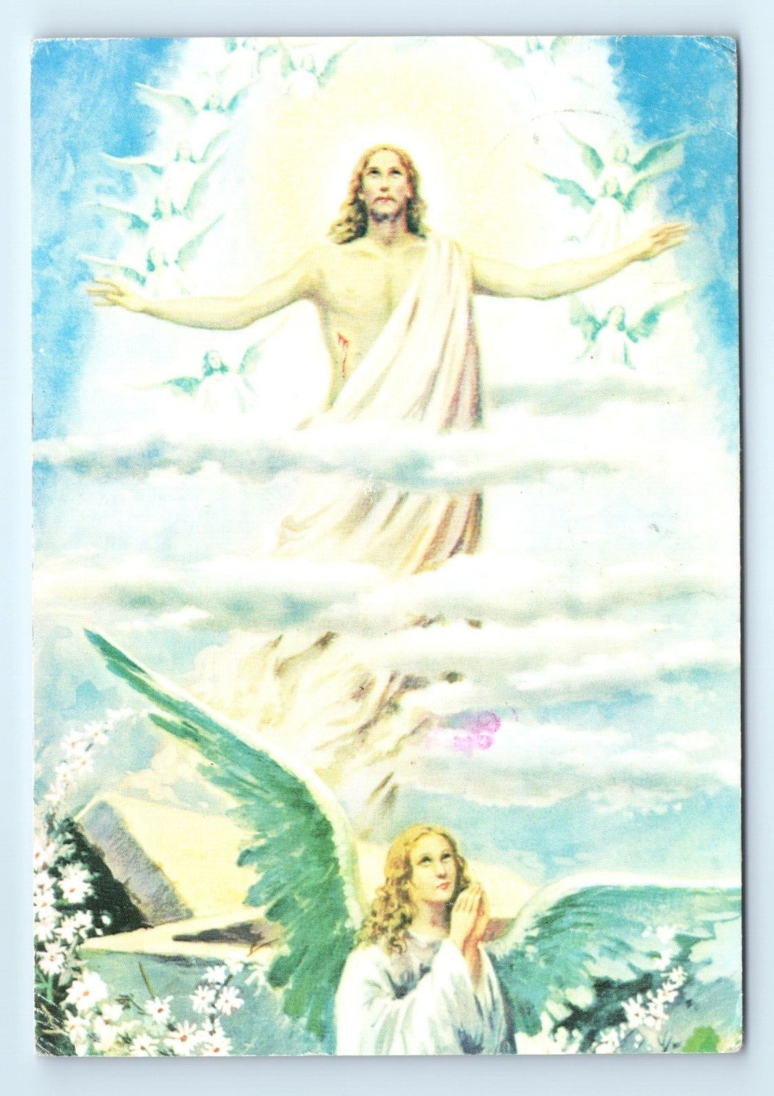 Jesus Ascending into Heaven Praying Angel Painting Postcard Posted